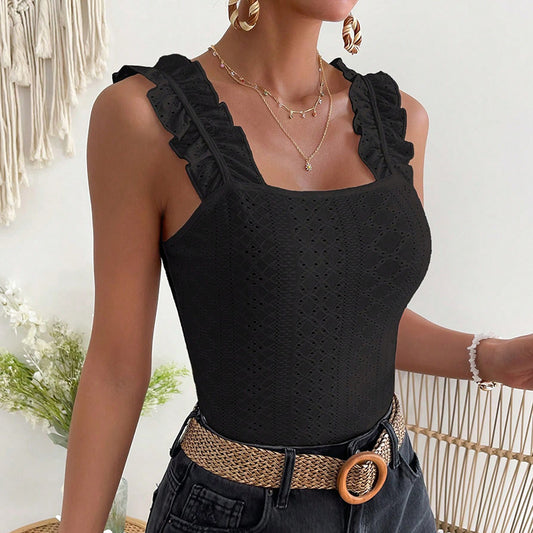 Ruffle Shoulder Square Neck Ribbed Knit Tank Top | Fitted Sleeveless Cami Women's Sleeveless Tank Tops Ruffle Strap Square Neck Eyelet Blouse Slim Fit