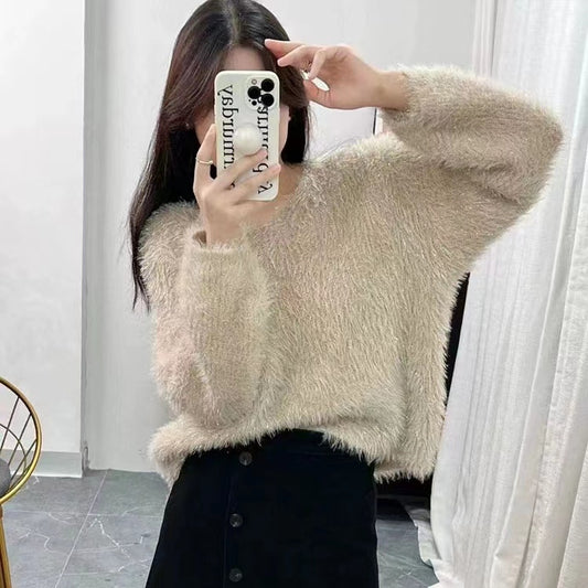 Soft Fluffy Sweater - Multi-Color Options Korean Style Simple V-neck Knitted Pullover Top