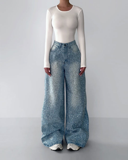 Glamorous Rhinestone Wide Leg Jeans Irregular Rhinestone Jeans