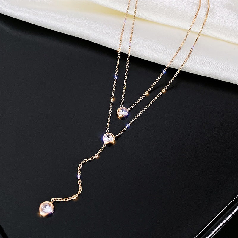 Layered Purple Crystal Y Necklace – Chic & Dainty Sparkle for Any Occasion Double-layer Rhinestones Stacked Clavicle Chain Necklace Jewelry Temperament Necklace