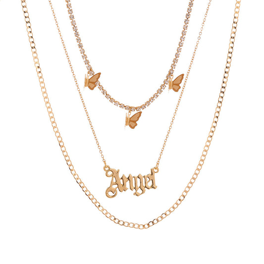 Layered "Angel" Pendant Necklace – Gold-Tone Statement with Butterflies Catch Chain Tassel Butterfly Letter Angel Multi-layer Temperament Necklace Accessories