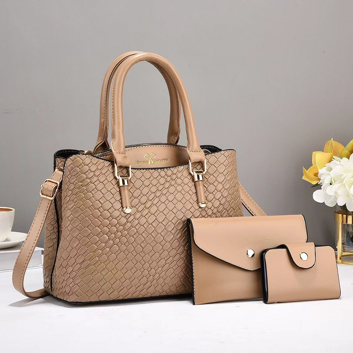 Versatile Everyday Commuter Bag with Crossbody Strap Woven Texture Three-piece Set Large Capacity One Shoulder Combination Bags