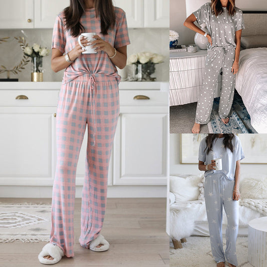 Comfy Short Sleeve Top & Long Pants Pajama Set Women Printed Two-Piece Pajamas Suits