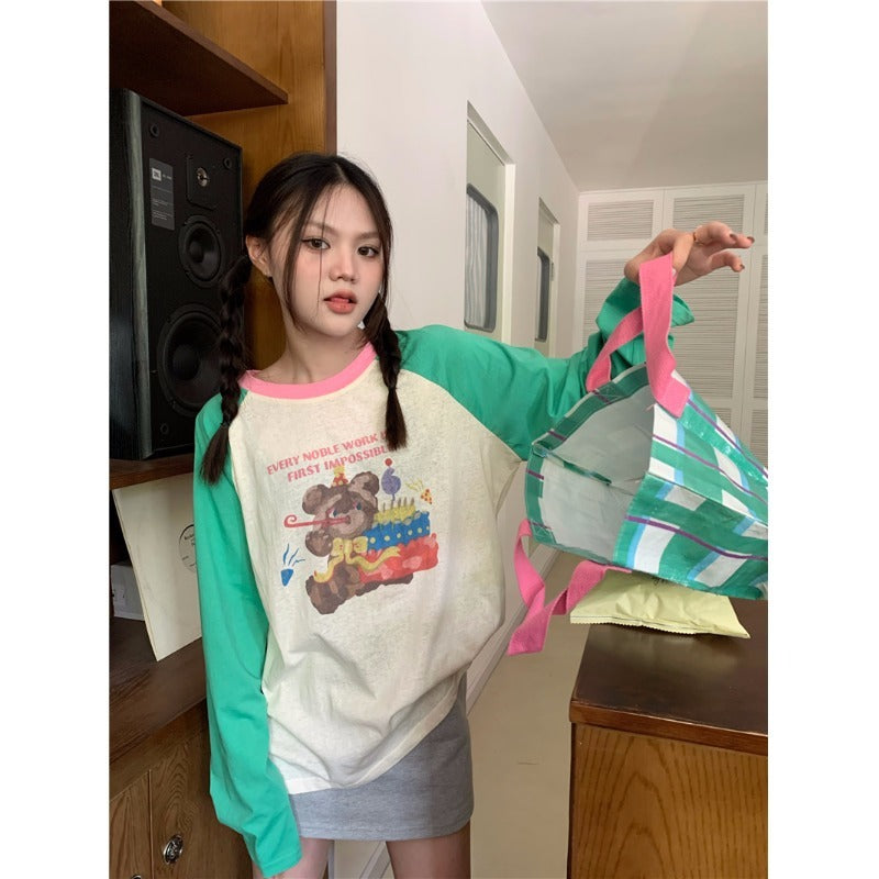 Contrast Color Cartoon Print Raglan Long SleeveT-Shirt