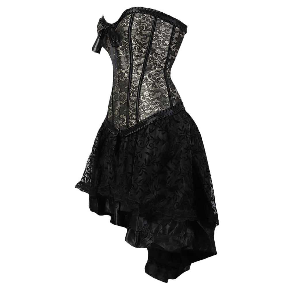 Gothic Steampunk Corset Dress with High-Low Lace Skirt Classic Flounce Jacquard Adjustable Court Body Shaping Two-piece Suits Flocking Luxury Dress