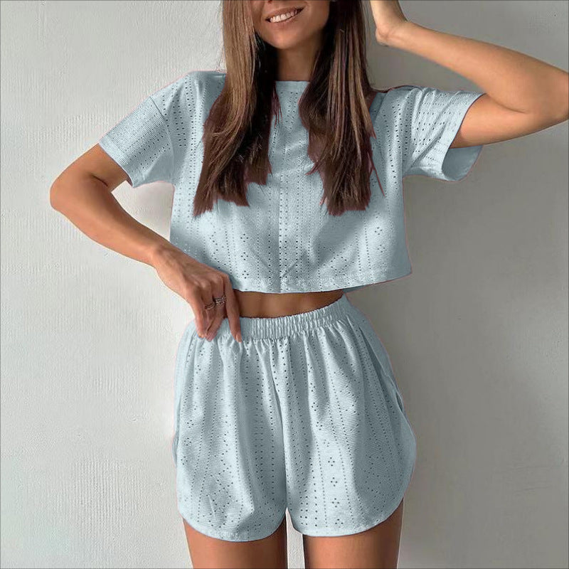 2pcs Casual Hollow Suit With Short-sleeved Crop Top And Elastic Slit Shorts Summer Fashion Sport Clothing For Women's
