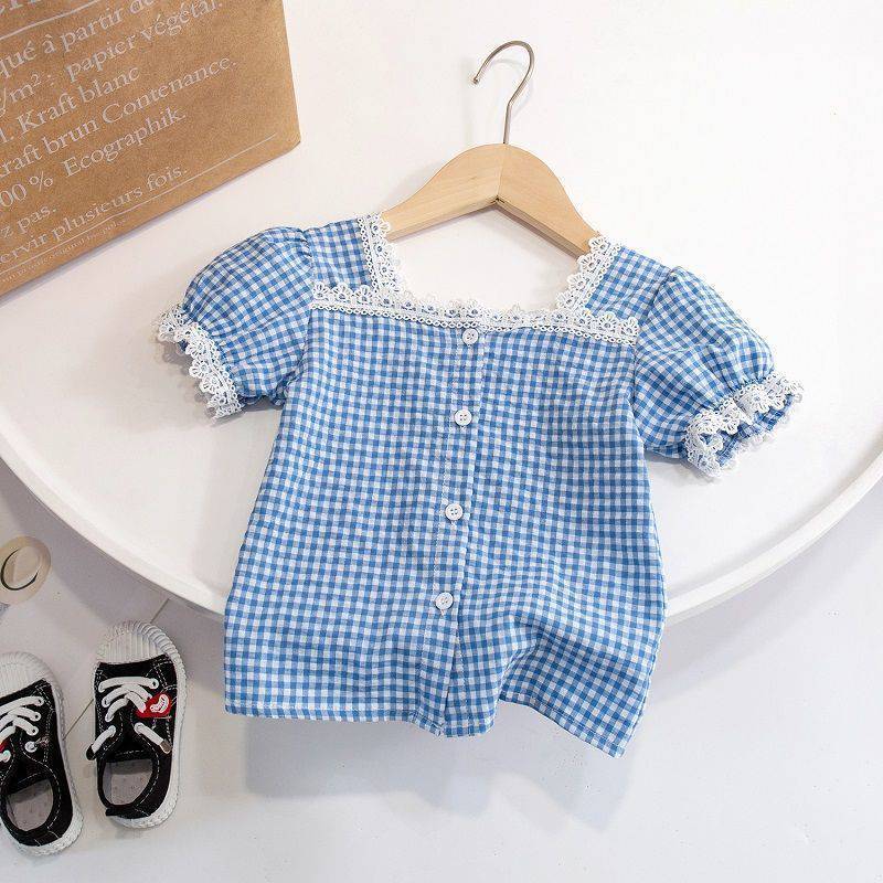 Stylish Toddler Girl Ruffle Hem Blouse | Short Sleeve Button Top Girls' One-shoulder Puff Sleeve Top Korean Style