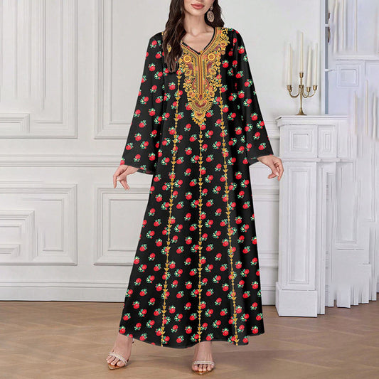 Ethnic Maxi Dress - Bohemian Embroidered Floral Print V-Neck Retro Long Dress