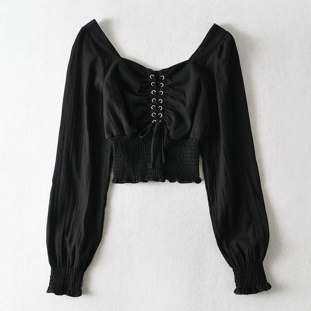 French Style Retro Square Collar Off-shoulder Top Tied Long Sleeves Court Style Puff Sleeve Shirt