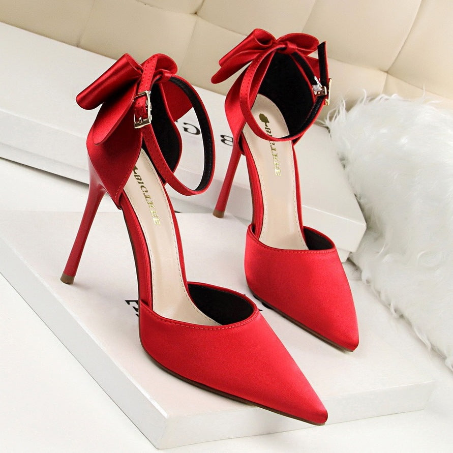 Women's Korean Version Sweet Beauty Sandals Thin High Heels Shallow Mouth Pointed Silk High Heels Pointed satin stiletto high heels