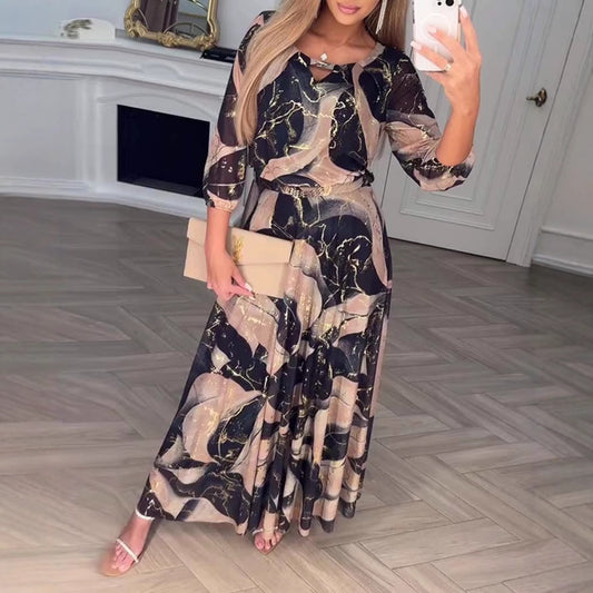 Temperament Elegant Cropped Sleeves Printed Waist-controlled Dress