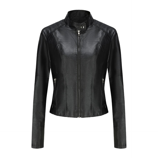Short Slim-fit Leather Coat For Women's