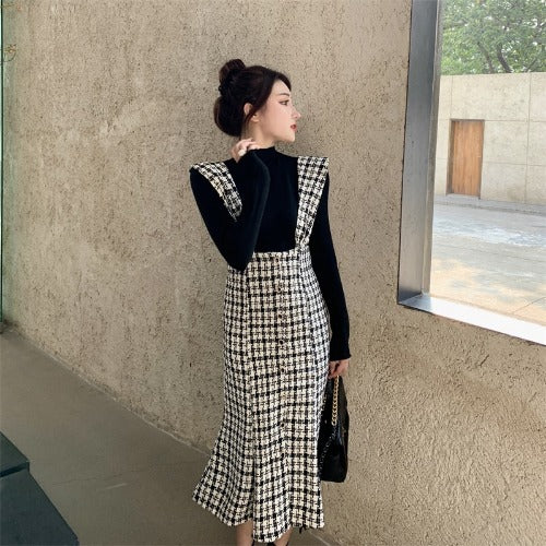 Fashion Long Suspender Skirt with Check Pattern French Retro Plaid Dress