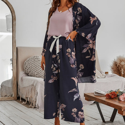 Chic 3-Piece Floral Print Kimono Robe, Cami & Pajamas Set  Women Viscose Floral Printed Female Loose Sleepwear Nightwear