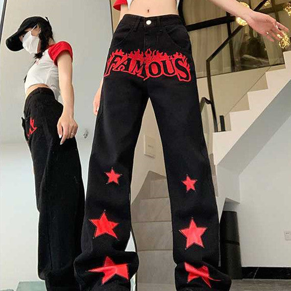 Y2K Famous Star Print Baggy Pants – Black Wide Leg Streetwear Jeans Red Star Letters Jeans For Women High Waist Casual Trousers