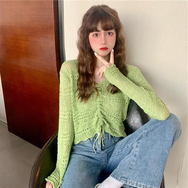 Trendy Open-Knit Tie-Front Cardigan | Sheer Crochet Style Jumper Top New Korean Style Loose V Neck Drawstring Crop Top