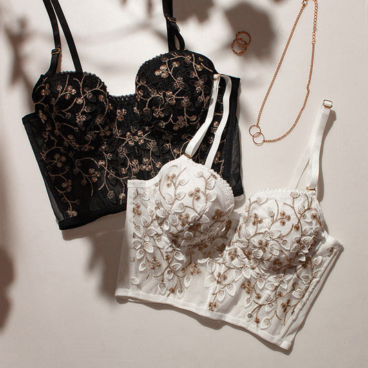 Floral Embroidered Bustier Lingerie - Sheer Lace Crop Top & Thong Set  Women's French Embroidery Lace Bra