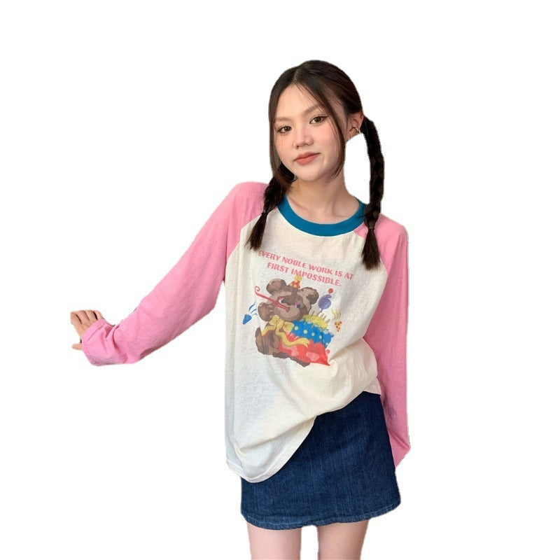Contrast Color Cartoon Print Raglan Long SleeveT-Shirt