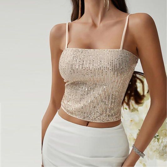 Adjustable Back Shoulder Strap Sleeveless Hollow Backless Sequin Sling