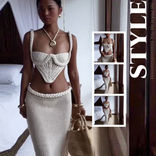 Summer Festival Crochet Crop Top & Maxi Skirt Y2K Crochet Knit 2 Piece Skirt Set Women's Square Collar Camisole Hip Skirt Hollow Out Strapless Tube Top Low Waist Bodycon Maxi Skirts Outfit