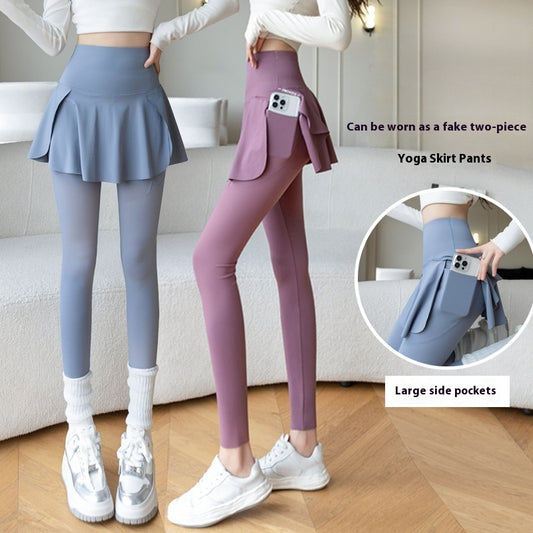 Flexi Skirt 2-in-1 Yoga Leggings – Sporty Chic with Pockets & Flair Spring New Fake Two-piece Outer Wear Sports Yoga Pants Women