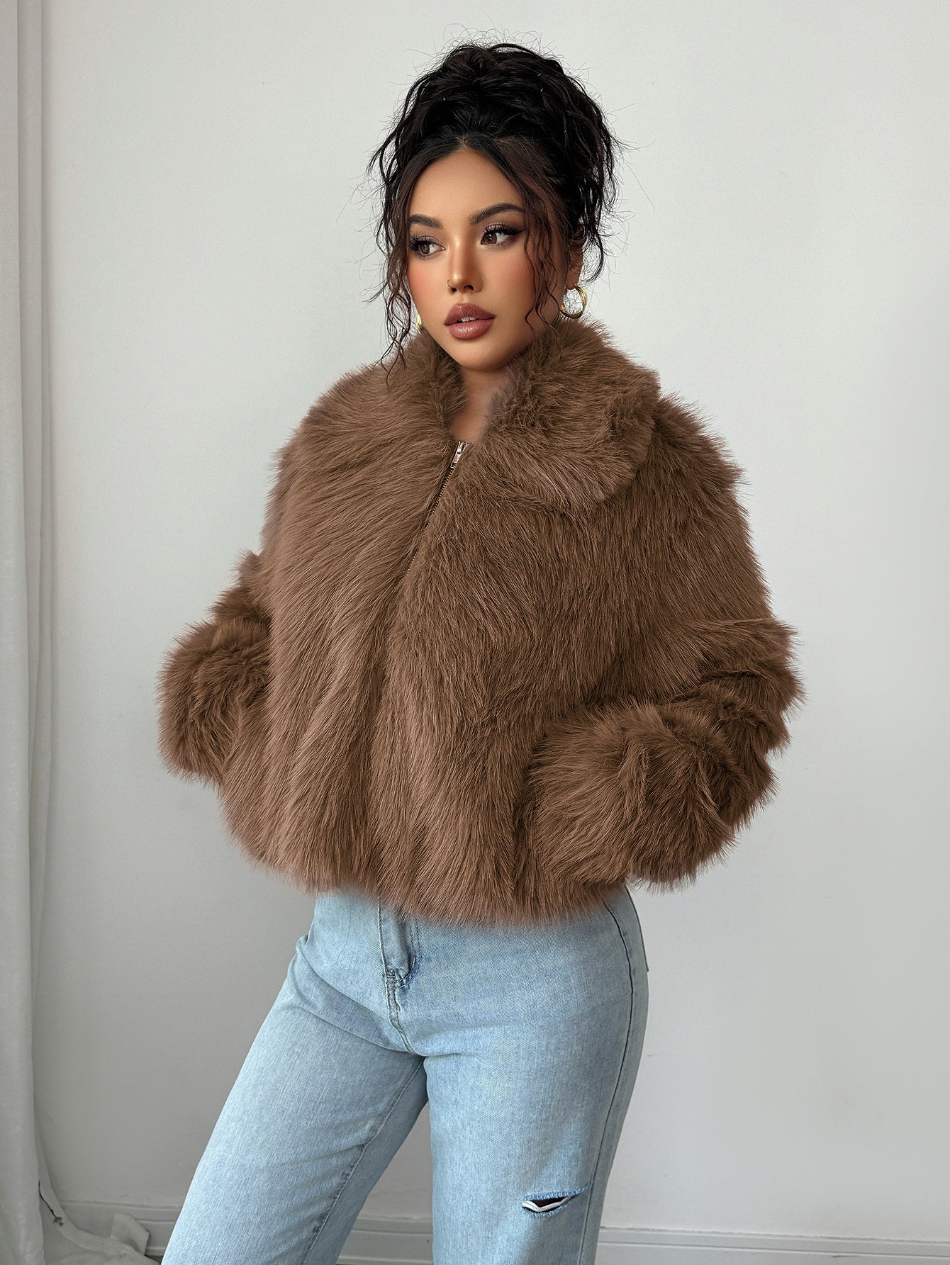 Elegant Elegant Style All-match Fluff Long-sleeved Overcoat Coat For Women