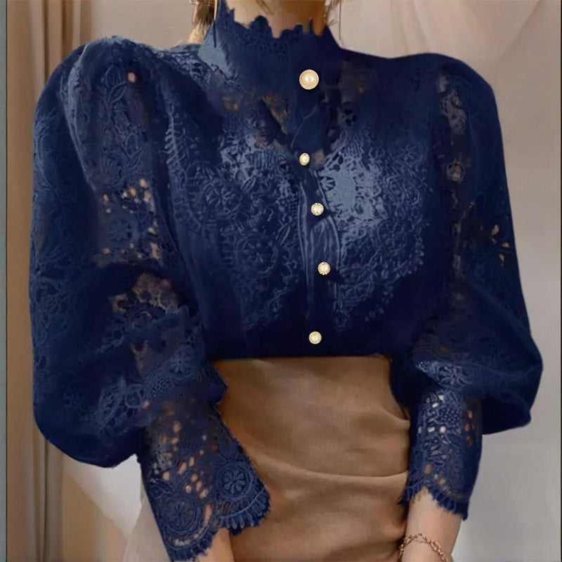 Elegant Women's Vintage Pearl Button Lace Blouse - Puff Sleeve Semi-Sheer Ruffled Stand Collar Shirt Spring&Summer Office & Vacation Top