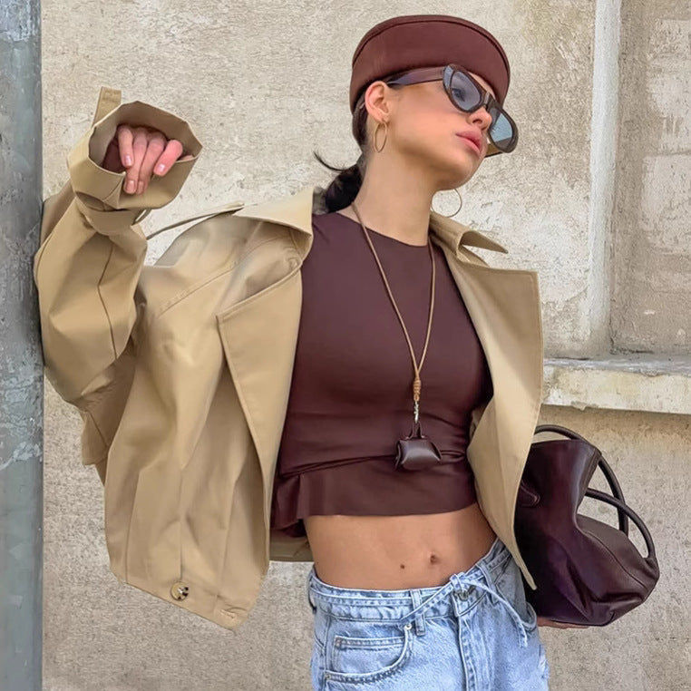 Khaki Double Breasted Blazer Collar Coat