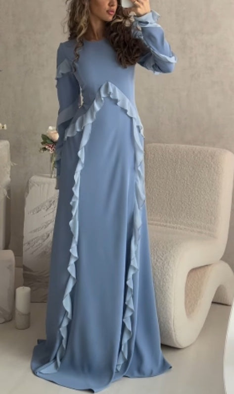 Modest Classic Long-Sleeved Ruffled Maxi Dress For Women's