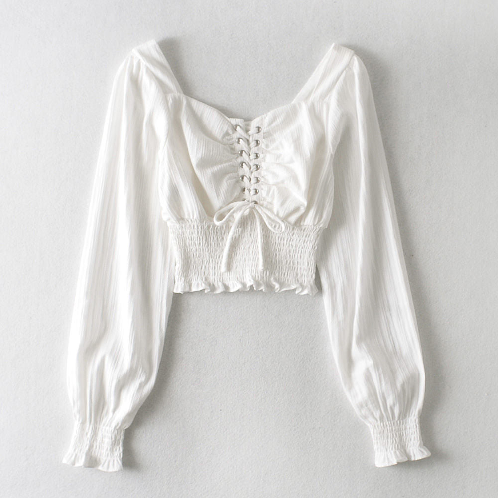 French Style Retro Square Collar Off-shoulder Top Tied Long Sleeves Court Style Puff Sleeve Shirt