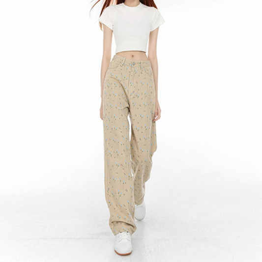 Beige Floral Embroidered Jeans – Vintage Charm with a Modern Fit Homemade Floral Straight Leg Jeans For Women