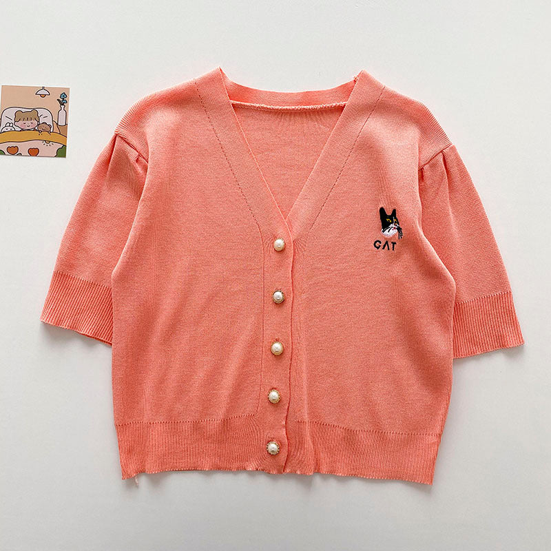 Korean Style Cat Embroidery Design Temperament V-neck Cardigan Top