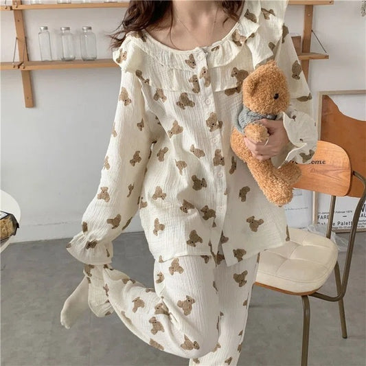 Flutter Dreams Pajama Set – Soft Ruffles & Cozy Charm Long Sleeved Pants Home Suit For Women