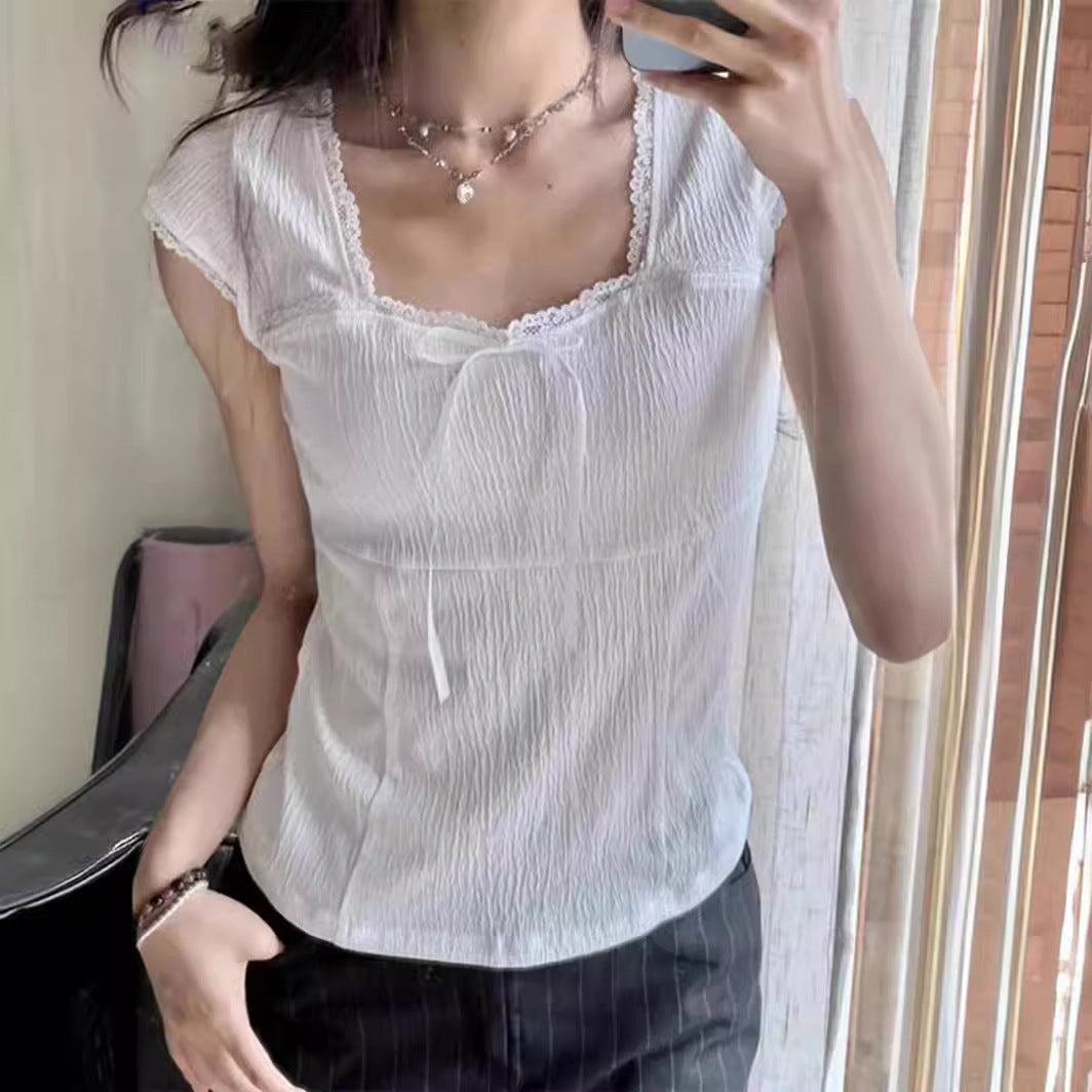 White Square-cut Collar Lace Edge Lace Bow Short Sleeve T-shirt