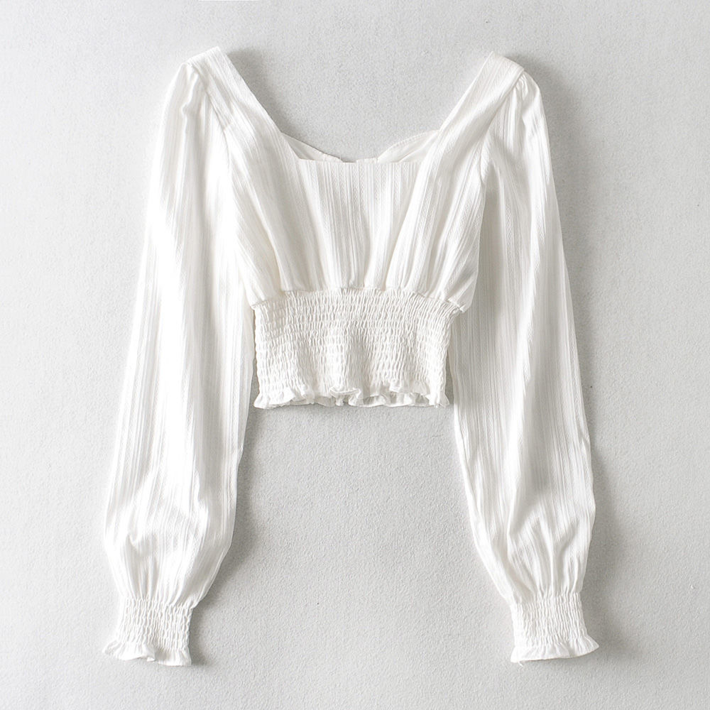 French Style Retro Square Collar Off-shoulder Top Tied Long Sleeves Court Style Puff Sleeve Shirt