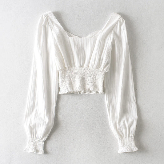 French Style Retro Square Collar Off-shoulder Top Tied Long Sleeves Court Style Puff Sleeve Shirt