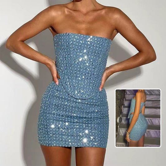 Sparkling Sequin Strapless Mini Dress | Perfect for Parties & Nights Out 2pcs Denim Sequins Skirt Suit With Sexy Tube Top And Slim Skirt Y2K Ins Fashion Clothing For Women