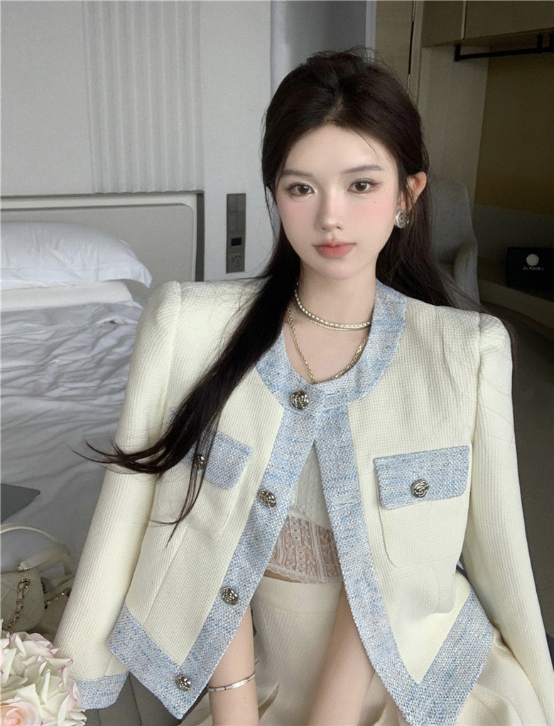 Chic Cream & Denim  - Elegant Blazer Single Breasted Contrasting Korean Top