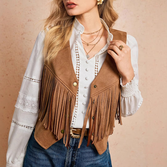 Solid Color Casual Retro Tassel Decoration Front Metal Button Vest Jacket