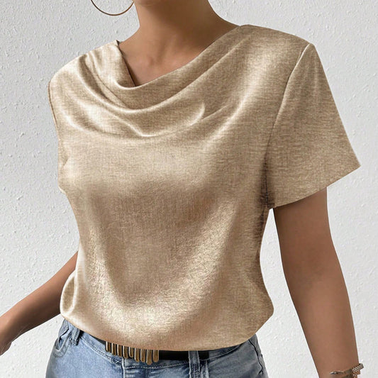 Cowl Neck Short Sleeve Top, Solid Color Loose Fit Summer Office Casual Shirt