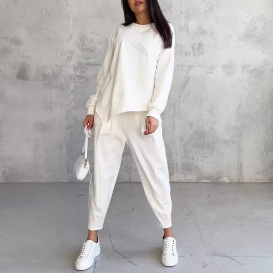 Slouchy Luxe Lounge Set – Crewneck Top + Tapered Joggers Women's Round Neck Loose And Irregular Long-sleeve Sweater Set