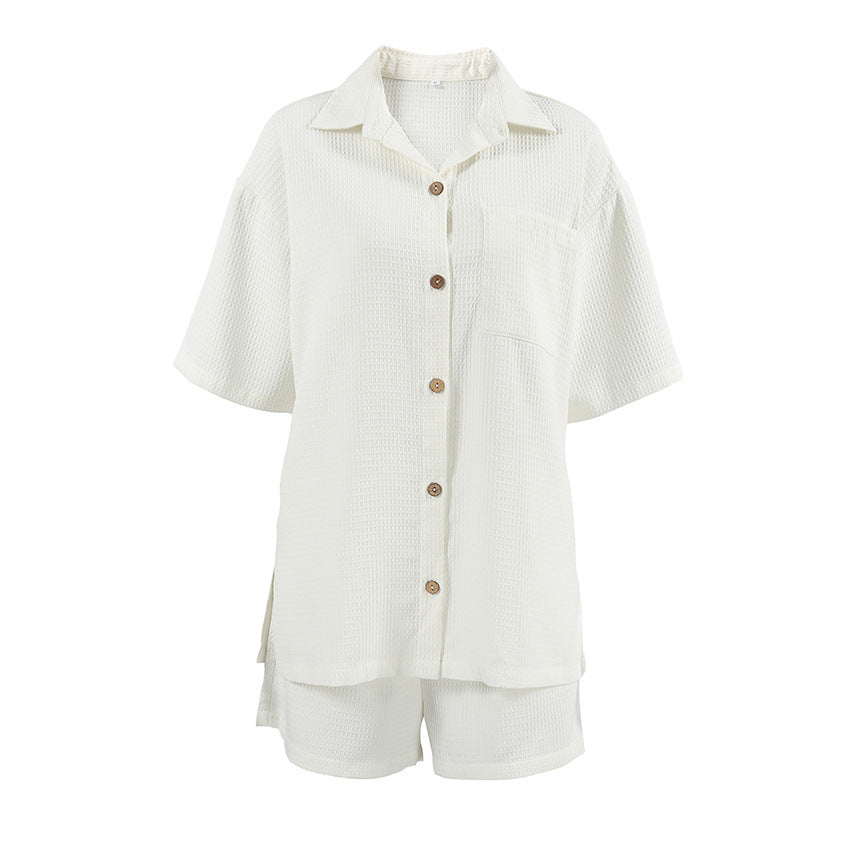 Two Piece Linen-Look Lounge Set | Short Sleeve Top & High Waist Shorts Fashion Lady Waffle Loose Outfit