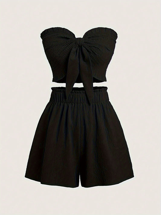 Elegant Resort Party Sleeveless Two-Piece Set Sexy Slim-Fit Stretch Wrap Top With Matching Shorts