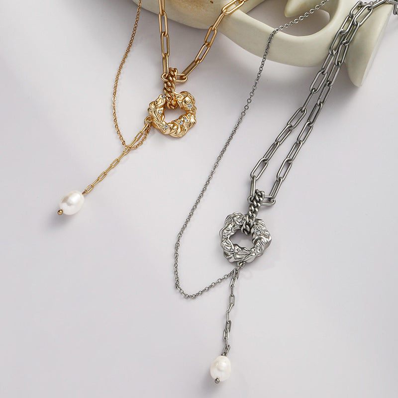 Vintage Baroque Pearl Pendant Necklace – Dual Chain Design New Trend Clavicle Chain Women