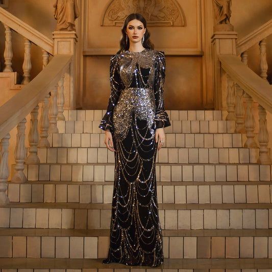 Long Sleeve Round Neck Slim-fit Sheath Sequined Banquet Fishtail Evening Dress For Women's