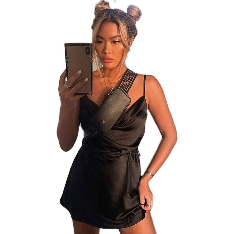 Sexy Cowl Neck Satin Mini Slip Dress Silky drawstring short dress home pajamas