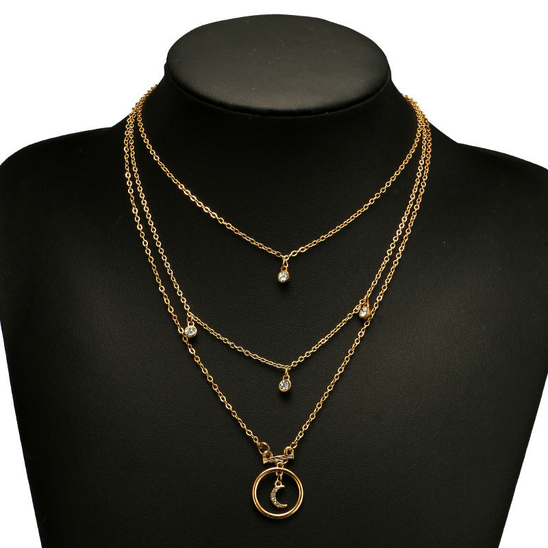 Multi-Layered Gold Chain Necklace with Moon & Crystal Charms Tocona Bohemian Antique Gold Circle Moon Rhinestone Pendant Chokers Necklaces Multi Layer Necklace Collar for Women Jewelry 3294