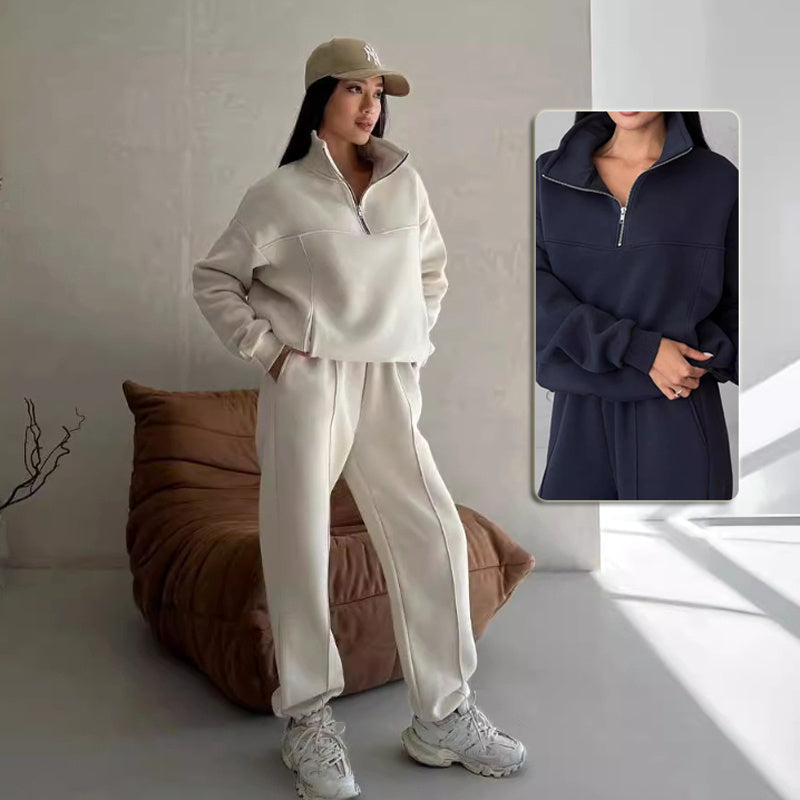 Essential Fleece Half-Zip Set – Minimal Luxe Comfort Y2K Winter Jogging Women Two Piece Set Female Zipper Coat Casual Pants Tracksuit Autumn Jacket Fashion Contrast Sport Wear Set