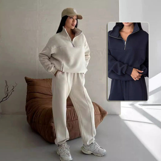 Essential Fleece Half-Zip Set – Minimal Luxe Comfort Y2K Winter Jogging Women Two Piece Set Female Zipper Coat Casual Pants Tracksuit Autumn Jacket Fashion Contrast Sport Wear Set
