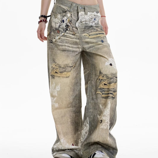 Cross Printed Jeans Women's Wide-leg Pants